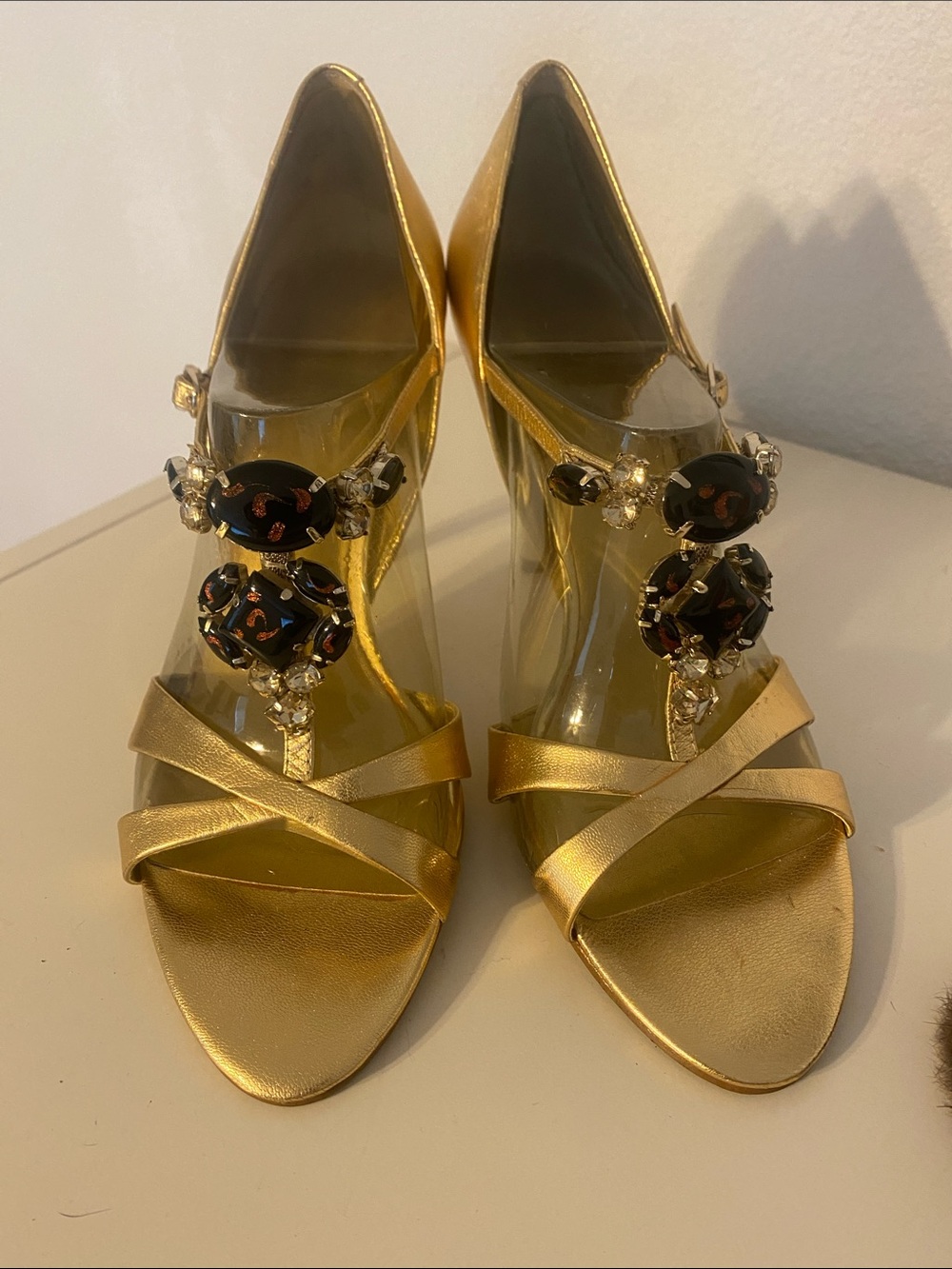Nine West Gold Jeweled Open-Toe Heels